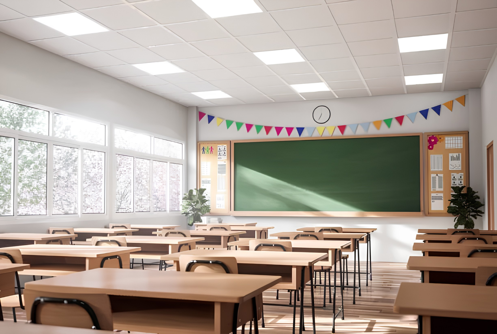 A bright Chatham County classroom with books, supplies, and morning light